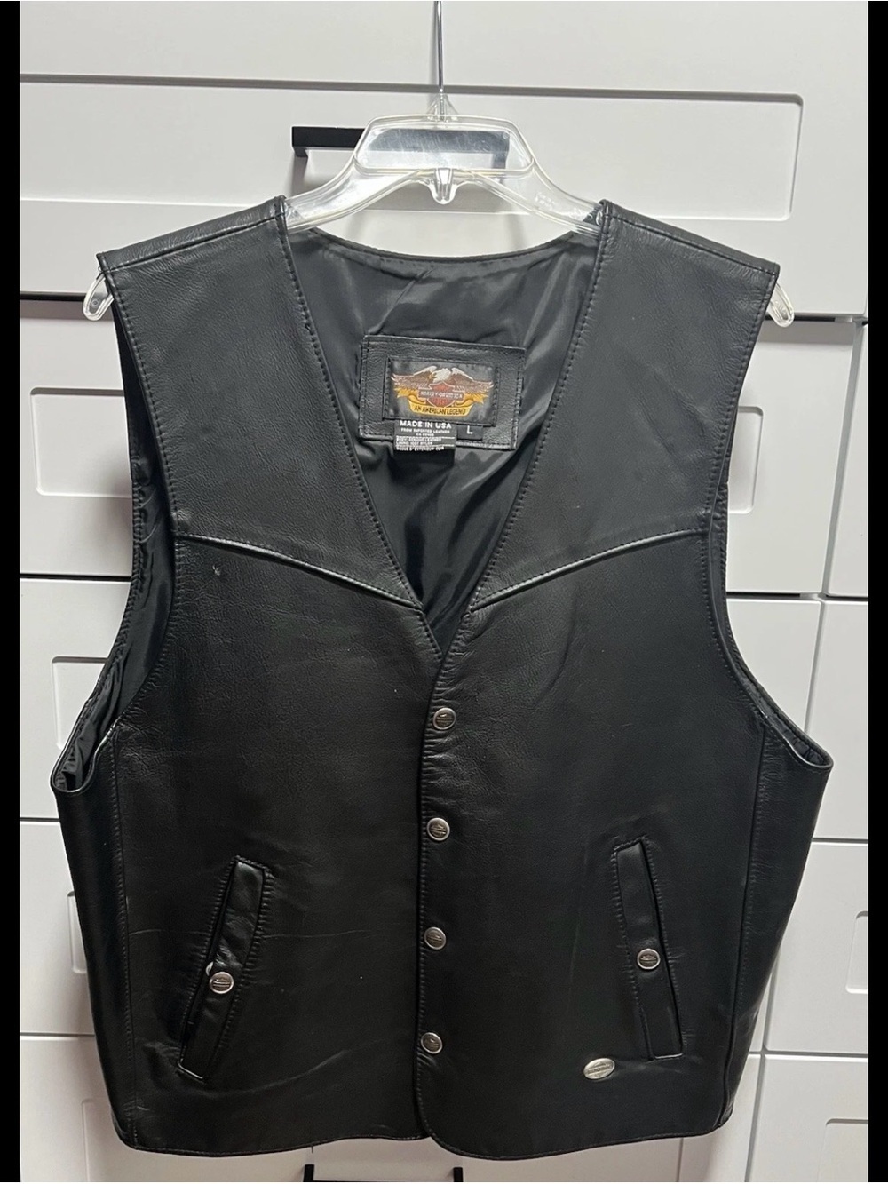 Harley Davidson Motor Clothes Black Leather 3 Pocket Vest Large, Made in USA